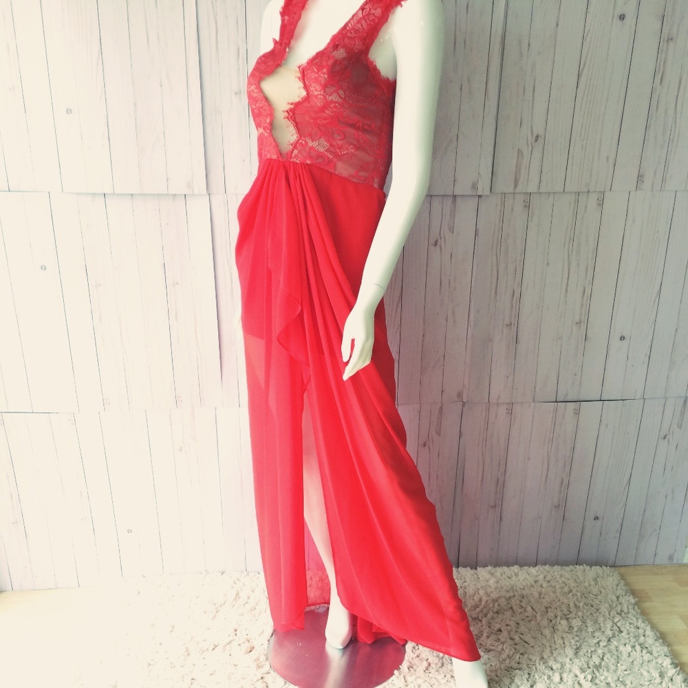 Red Lace Sheer Deep V Dress